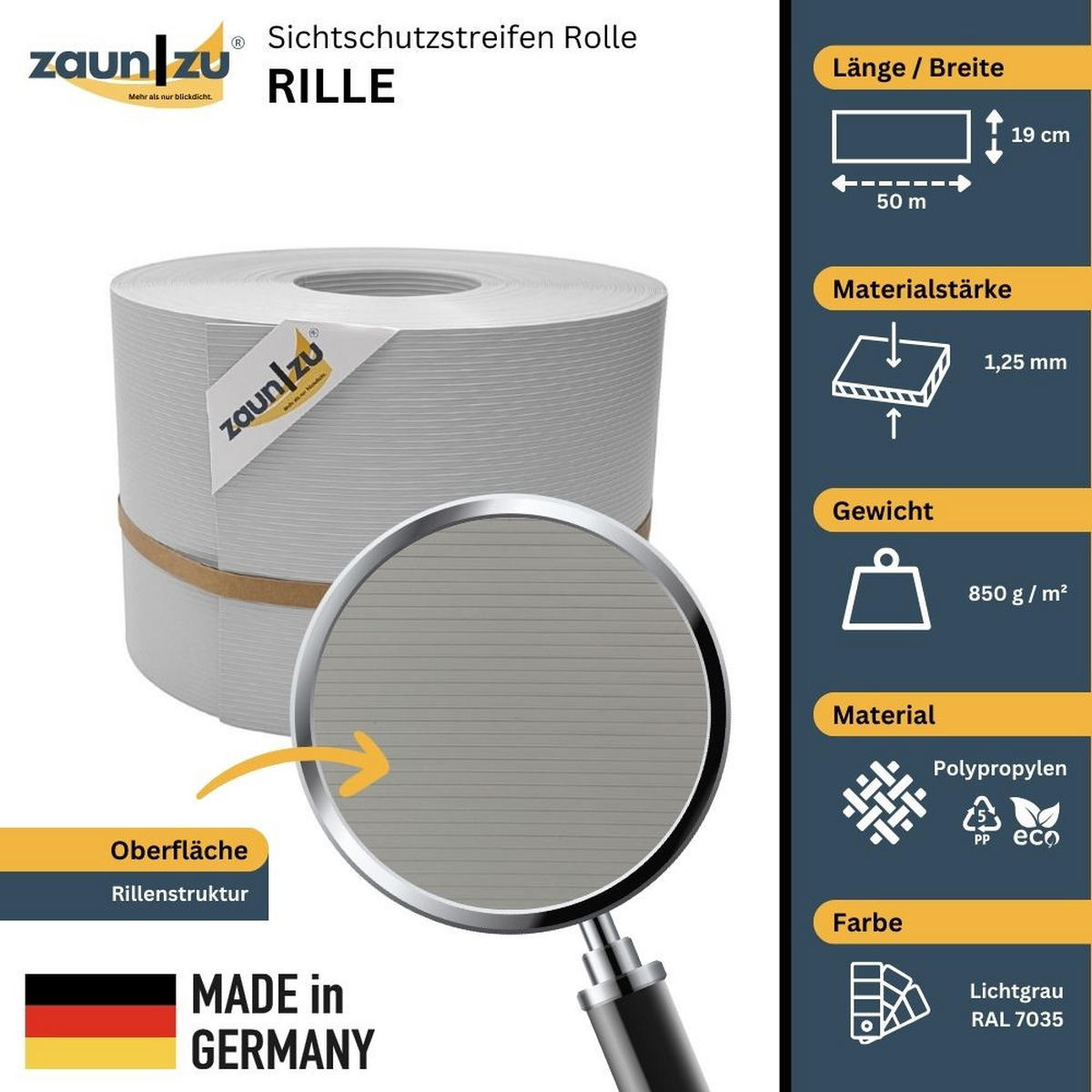 SICHTSCHUTZSTREIFEN Rille PP für Doppelstabmatte Zaunblende Lichtgrau 50m - Hellgrau, Kunststoff (5000/19cm) - ZAUN|ZU
