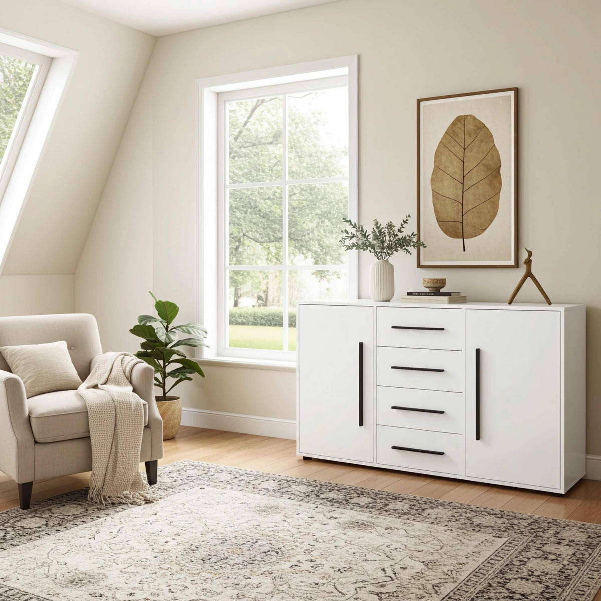 KOMMODE Modena K2D4SZ 150 cm in Weiß mit Türen und Schubladen - Schwarz/Weiß, Holzwerkstoff/Kunststoff (150/87/40cm)