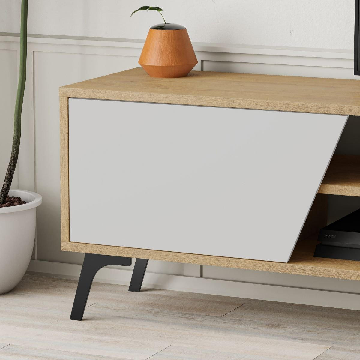TV-MÖBEL mit 3 Türen und 2 Nischen, Eiche und weiß dekoriert, L180 cm - Fiona - Apfelbaumfarben, Holzwerkstoff (35.6/48/180cm) - Calicosy