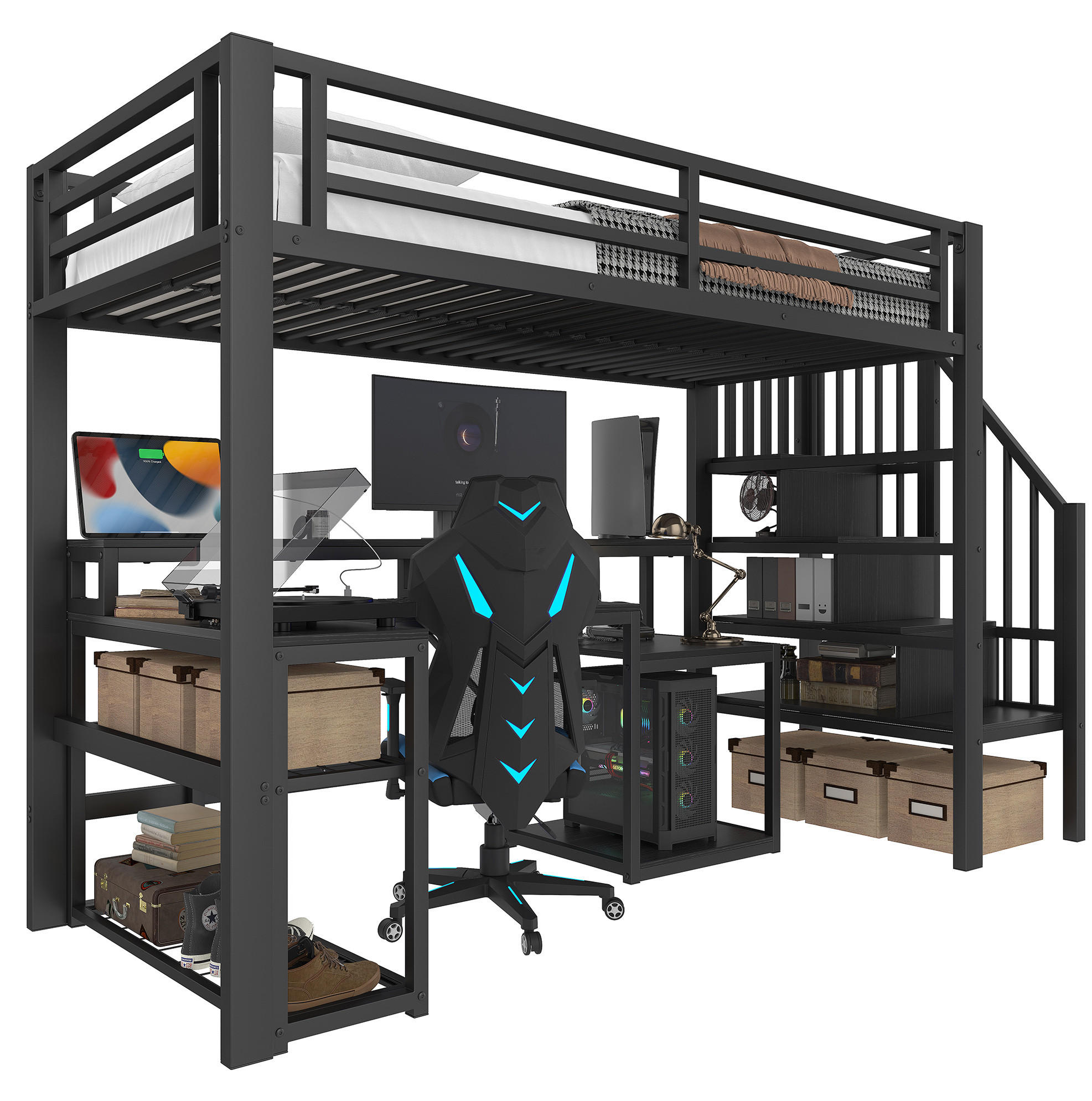 HOCHBETT aus Metall und MDF 90x200 cm Schwarz mit Stauraumtreppe, Schreibtisch, LED und USB - Schwarz, Metall (90/200cm) - IVMEU