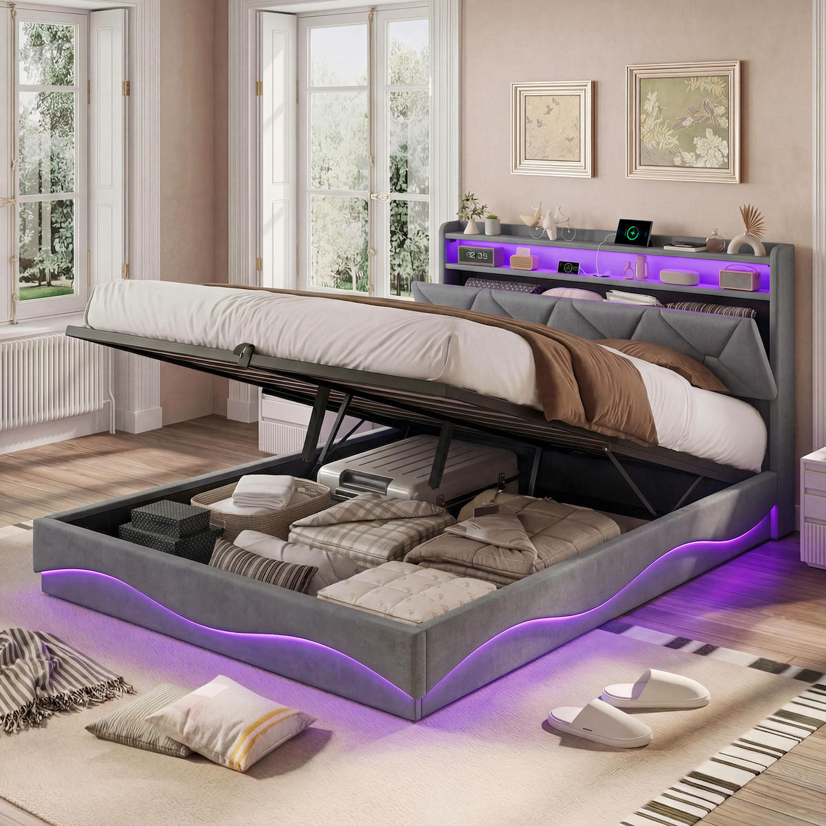 POLSTERBETT 160/200 cm grau Samt Stauraum LED USB Regal - Grau, Holz