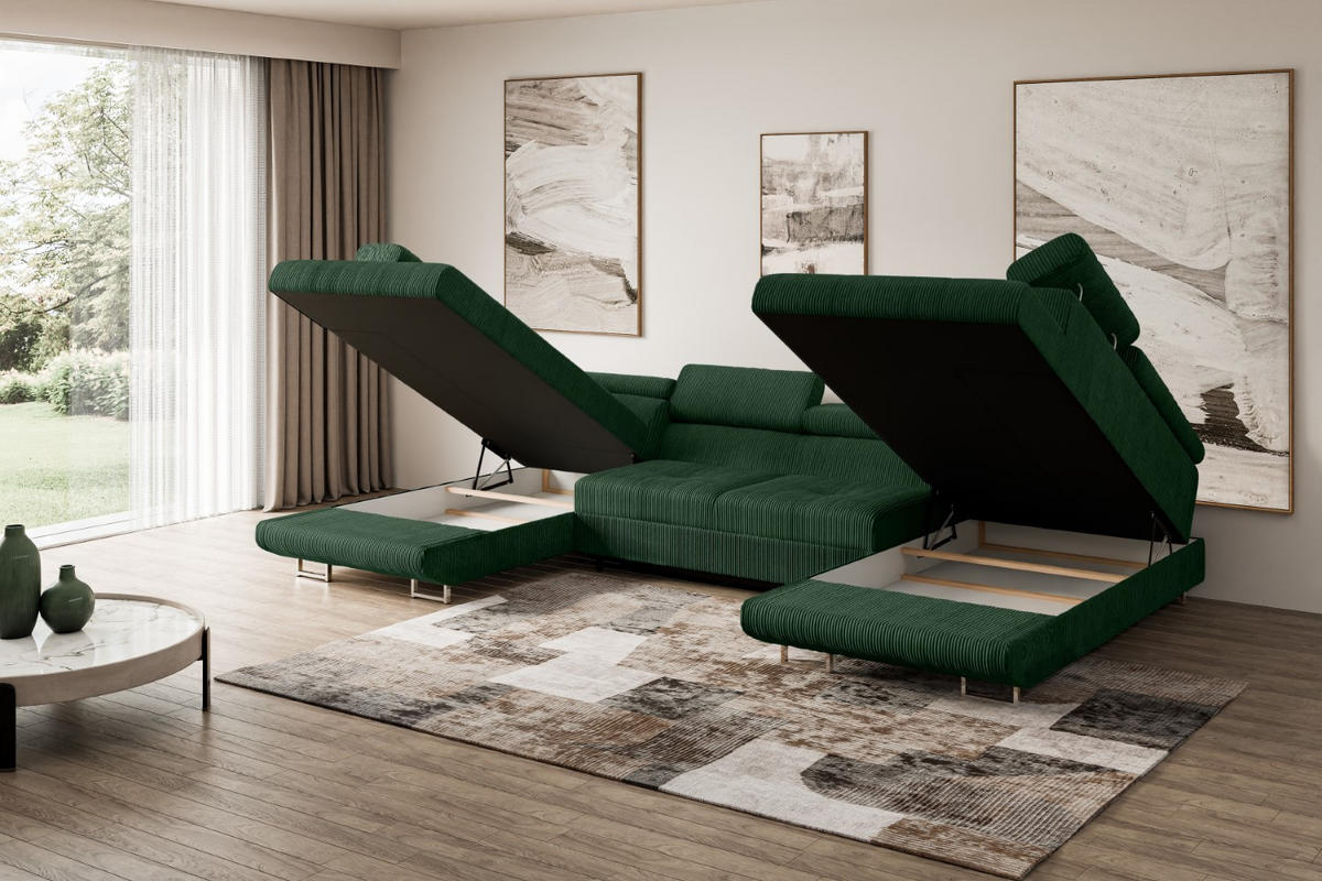 WOHNLANDSCHAFT mit Schlaffunktion und Bettkasten GUSA-U 342x202x107 cm Grün Cord - Silberfarben/Grün, Holzwerkstoff/Textil (342/107/202cm) - ALTDECOR