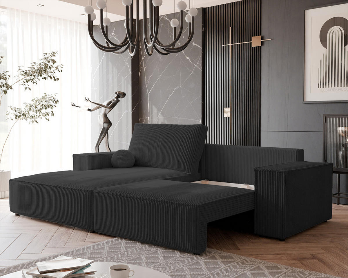 ECKSOFA HUGO Rechts, mit Schlaffunktion und Bettkasten, Anthrazit - Anthrazit, Textil (255/148cm) - Idohome