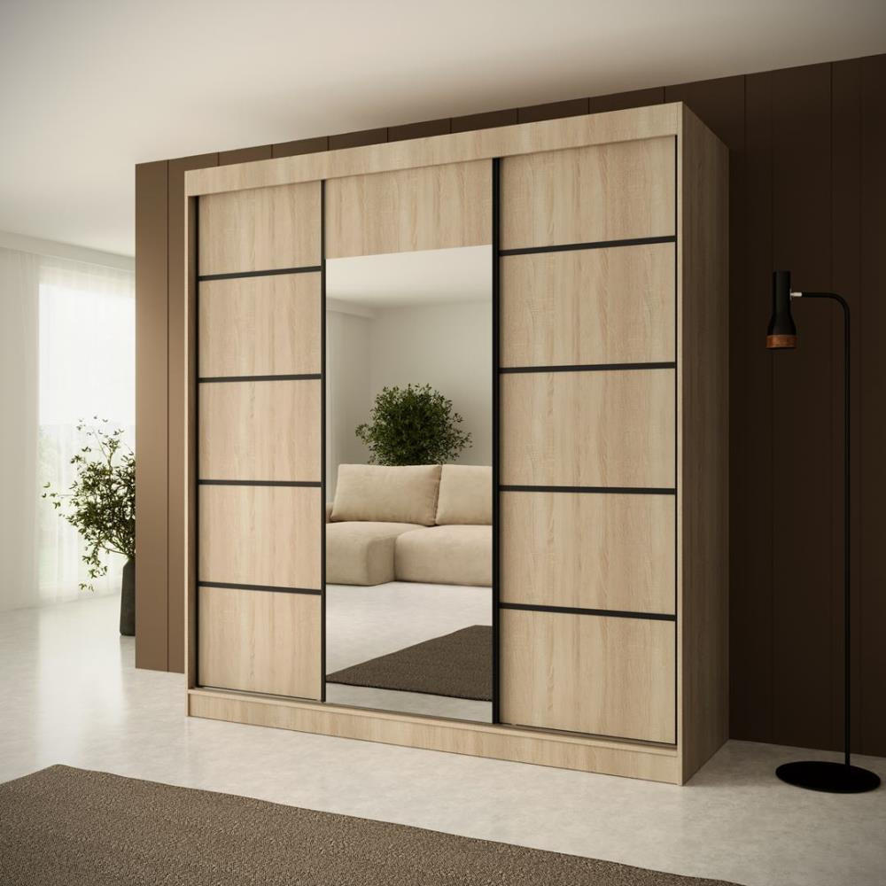 SCHWEBETÜRENSCHRANK Monica 200/215/61 3-türig eiche sonoma+schwarz mit Spiegel - Schwarz/Sonoma Eiche, Holzwerkstoff (200/215/61cm) - Beautysofa