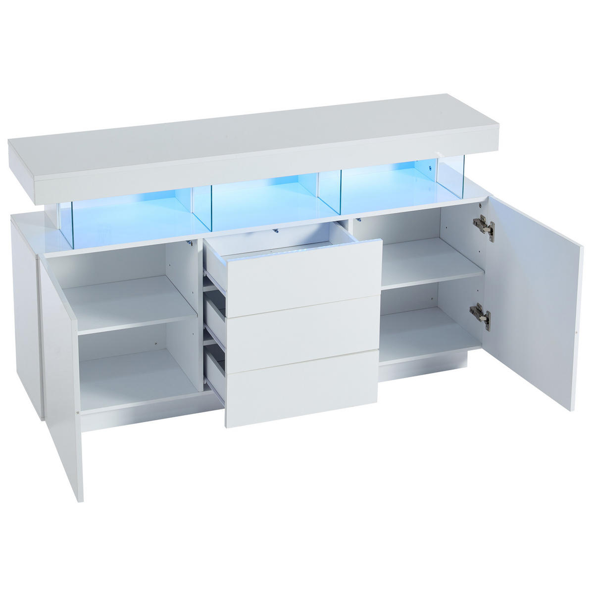 KOMODA z dřevotřísky a akrylu 140x35x80 cm bílá s LED osvětlením, 3 zásuvkami a 2 skříňkami ve vysokém lesku - bílá, kompozitní dřevo (140/80/35cm) - Modfu