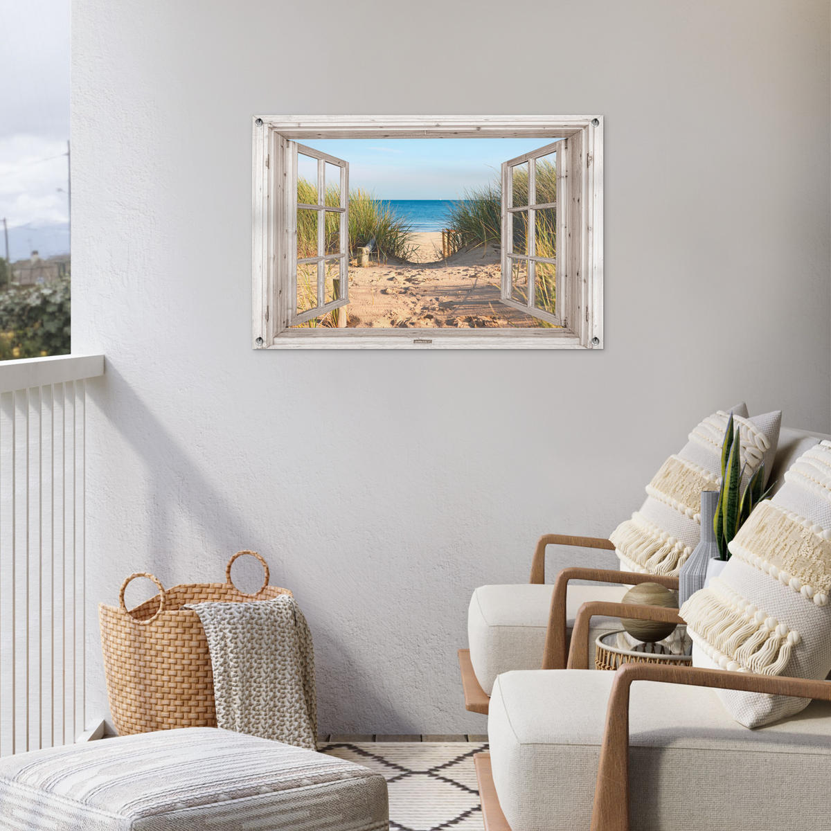 ZAHRADNÍ PLAKÁT Průhled - Pláž - Moře - Duny - Písek - Voda - Vysoká tráva 90x60 cm - písková barva, plast (90/60/0.2cm) - OnlyWow