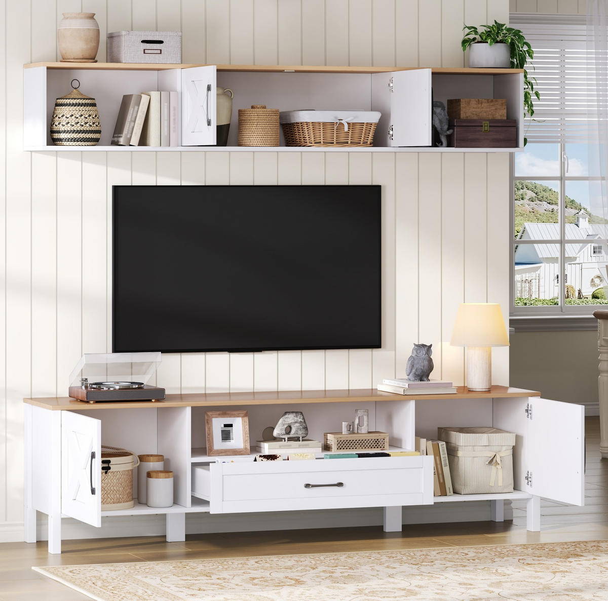 TV-WAND aus MDF 180x40x50 cm Weiß mit Hängevitrine, 4 Schränken und 1 Schublade - Weiß, Holzwerkstoff (180/50/40cm) - Modfu