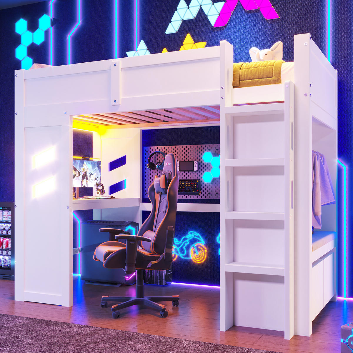 HOCHBETT 90x200cm Weiß Gaming Schreibtisch LED-Licht USB-C - Weiß, Holz (90/200cm) - FLIEKS