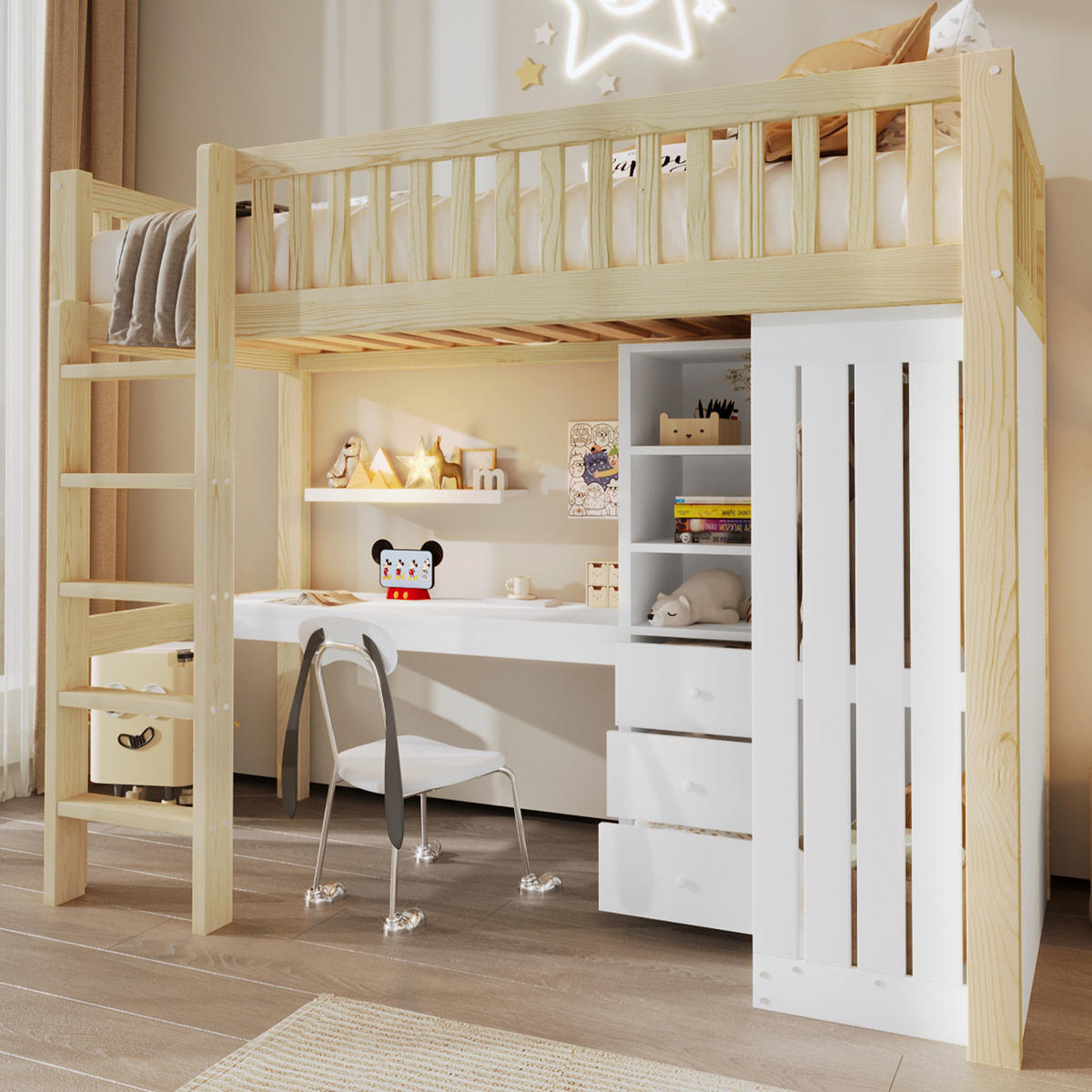 HOCHBETT mit Schreibtisch 90/200 cm in Natur – mit Stauraum, Treppe und Rausfallschutz - Naturfarben, Holz (90/200cm) - BEAOK