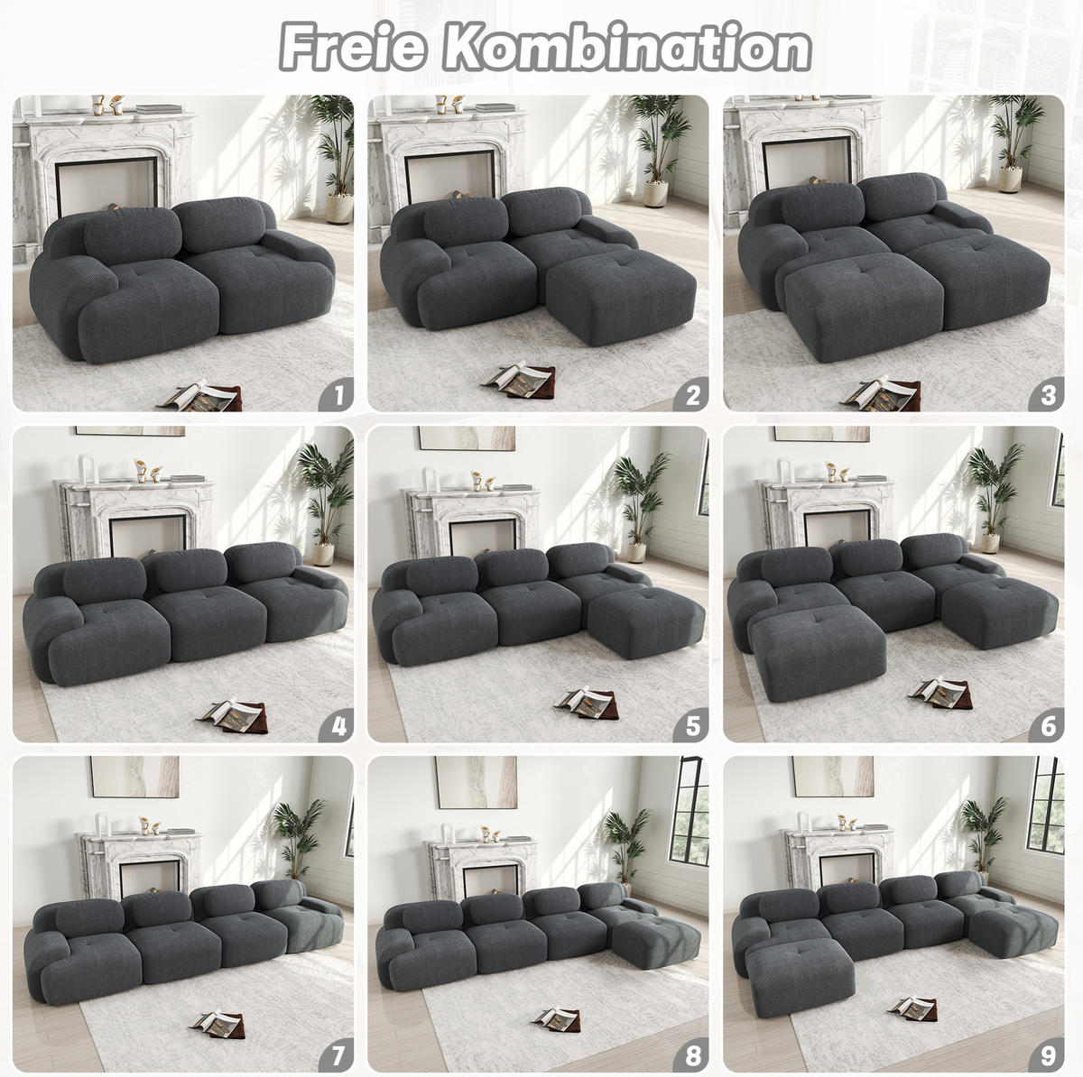 ECKSOFA modular rahmenlos mit geschwungenen Armlehnen und rutschfester Unterseite, Grau - Grau, Textil (208/103cm) - Redom