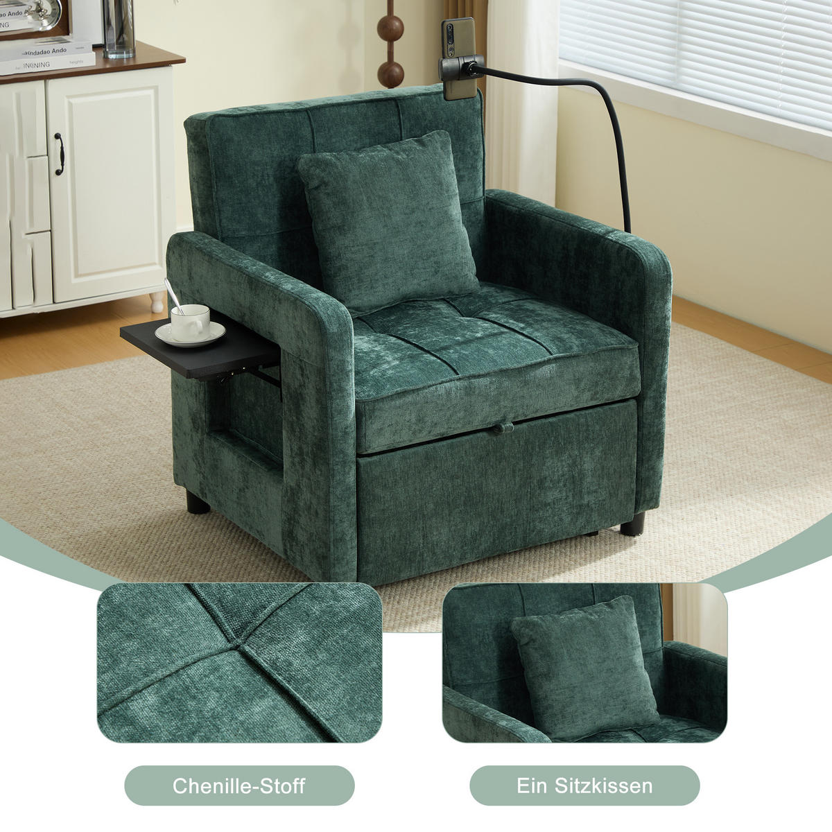 SOFA Chenille Grün mit Stauraum, Tablett und Kissen - Grün, Textil/Metall (79/83/167cm) - WISHDOR