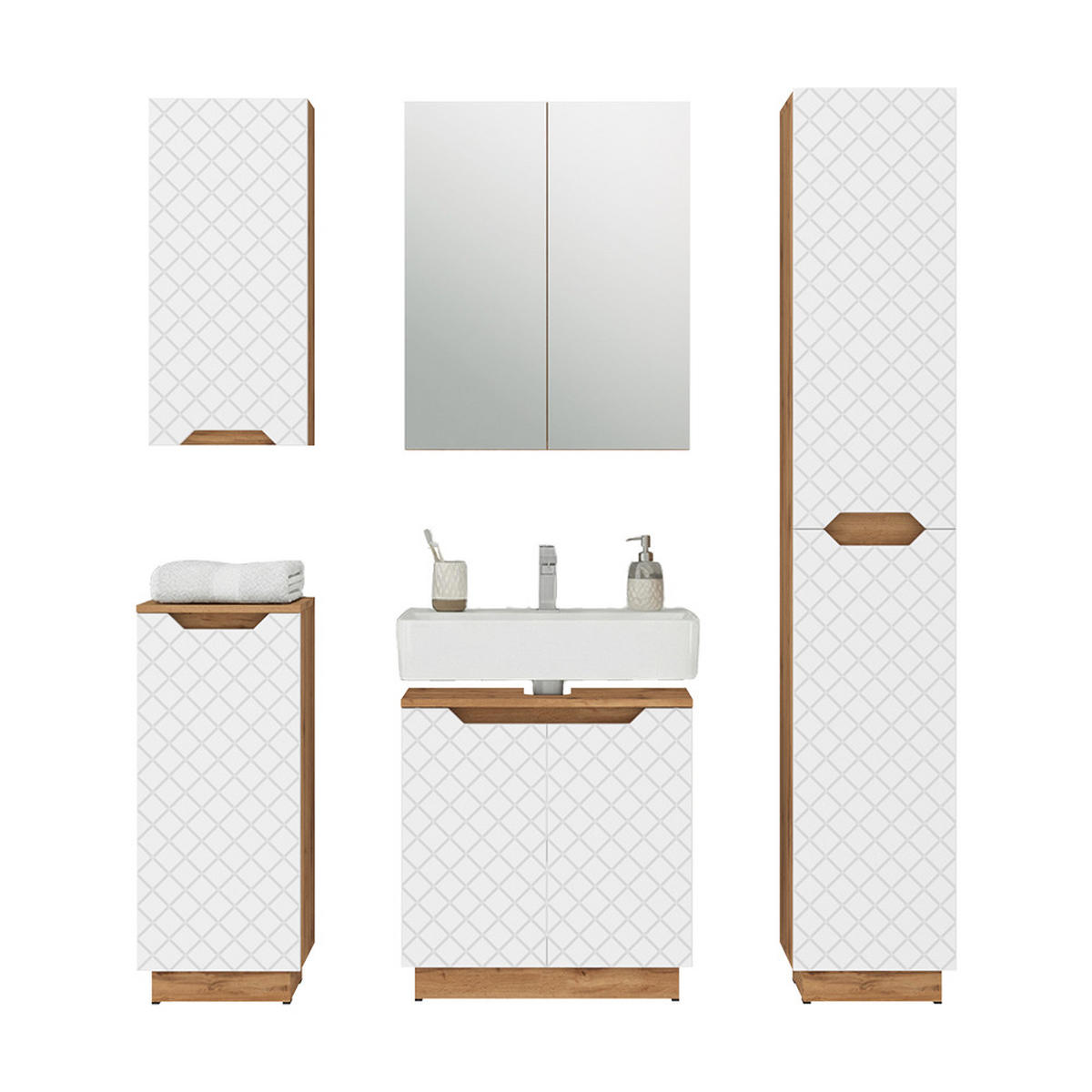 BADMÖBEL-SET Lotta Eiche/Weiß mit Kachelstruktur 5 Teile - Eichefarben/Weiß, Holzwerkstoff (59.8/62.1/32cm) - Vicco