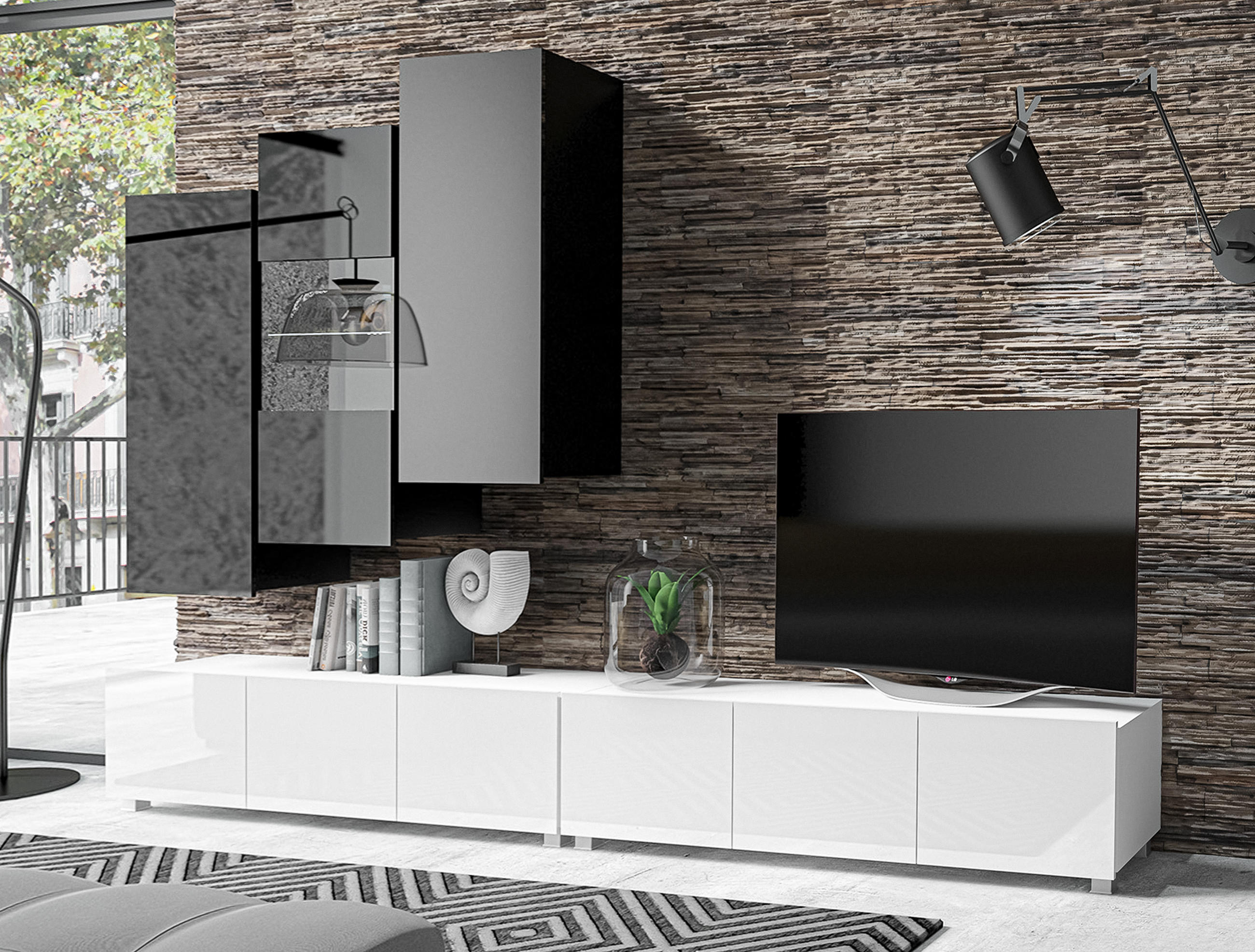 WOHNWAND Kossana 11 Schwarz, Weiß 300/142/43 cm Design - Schwarz/Weiß, Holzwerkstoff/Kunststoff (300/142/43cm) - AX Living