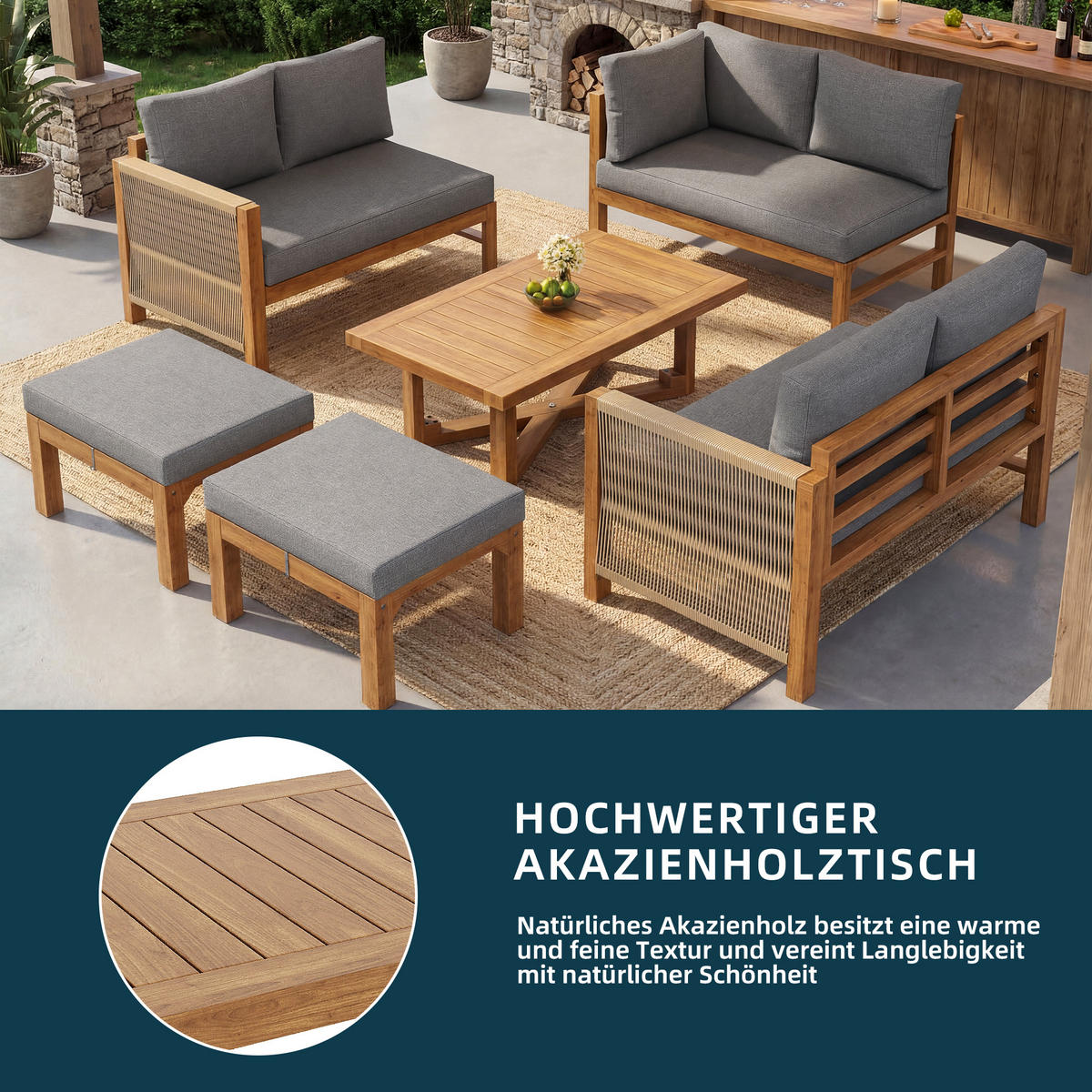 GARTENLOUNGE Akazienholz 6 Sitzer Ecksofa Tisch Hocker Kissen - Grau, Holz - FLIEKS