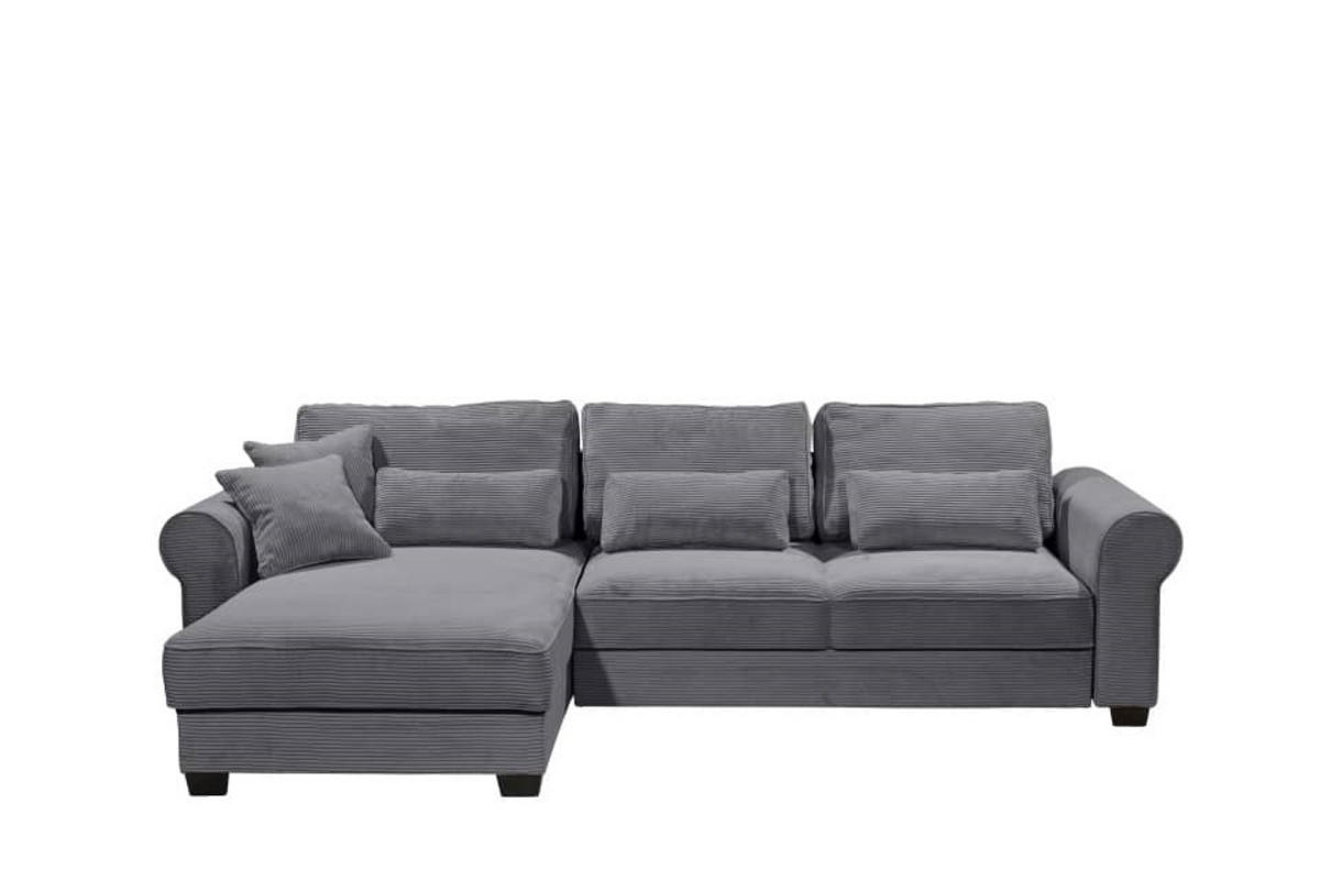 ECKSOFA beidseitig montierbar, Schlaffunktion mit Bettkasten und Nosagfederung in Breitcord - Dunkelgrau/Schwarz, Textil (318/197cm) - ed exciting design