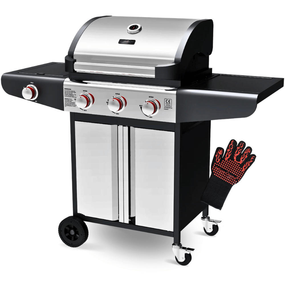 GASGRILL 3+1 Brenner mit Deckel DELO mit Seitenbrenner - Silberfarben, Metall (131/110/54cm) - DELUKE