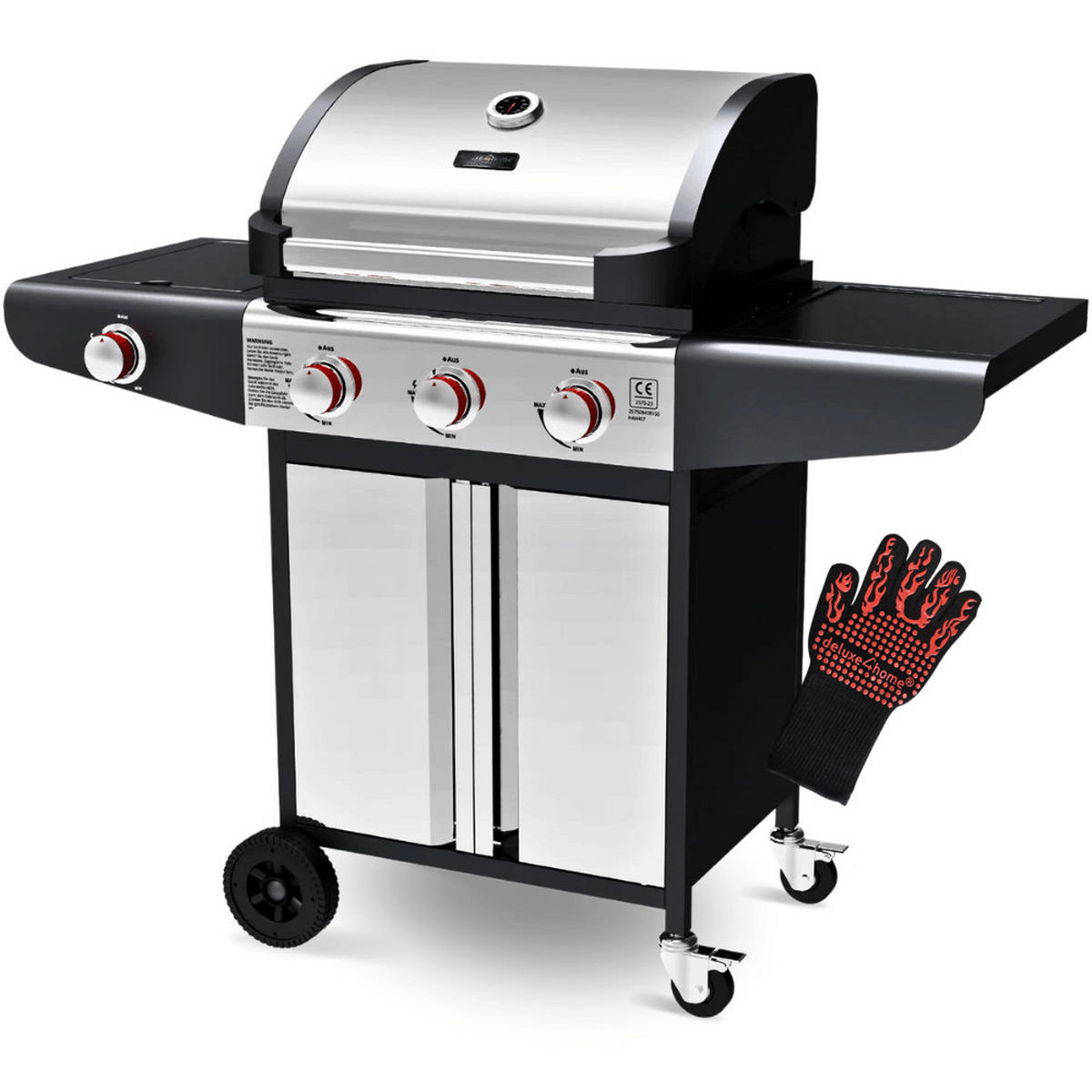 GASGRILL 3+1 Brenner mit Deckel DELO mit Seitenbrenner - Silberfarben, Metall (131/110/54cm) - DELUKE
