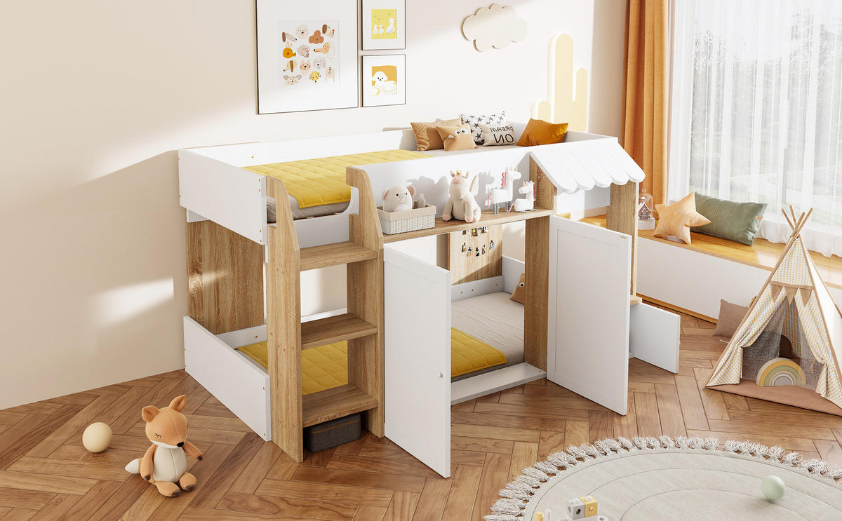 HOCHBETT 90x200 cm Haus Leiter Stauraum - Weiß, Holz (90/200cm) - LEBENLANG
