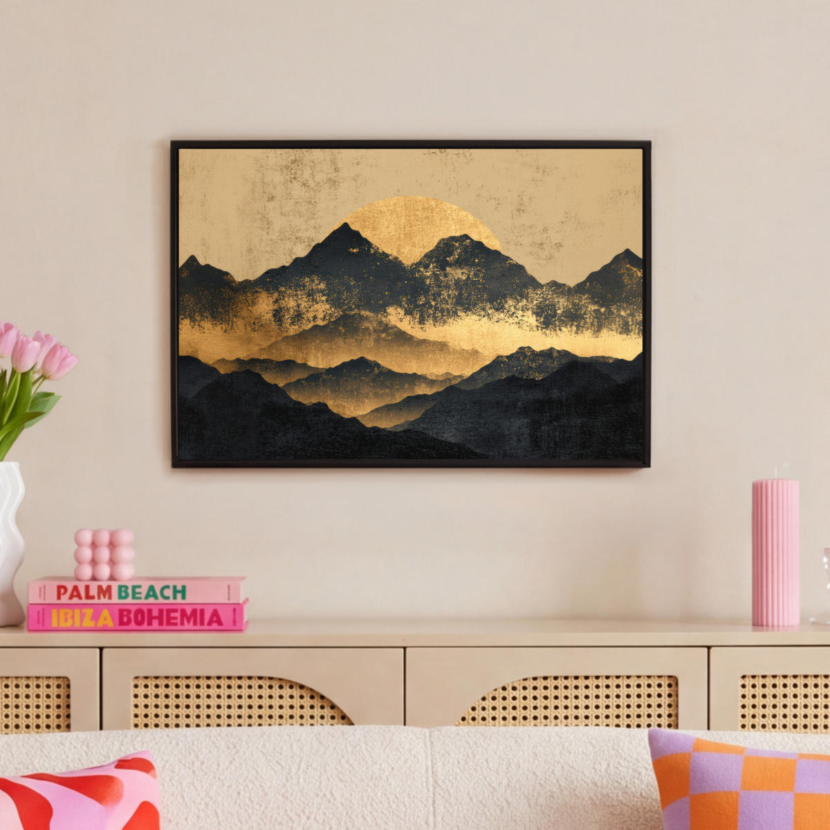 LEINWAND Bilder mit Rahmen - Goldene Berge bei Mondschein - 60x40 - Goldfarben, Textil (60/40cm) - MuchoWow