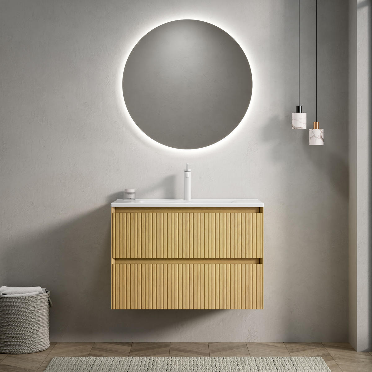 BADEZIMMERSCHRANK 75x39x51.5 cm Goldene Eiche & Weiß aus Keramik mit 2 Schubladen - Eichefarben, Keramik (75/51.5/39cm) - Modfu