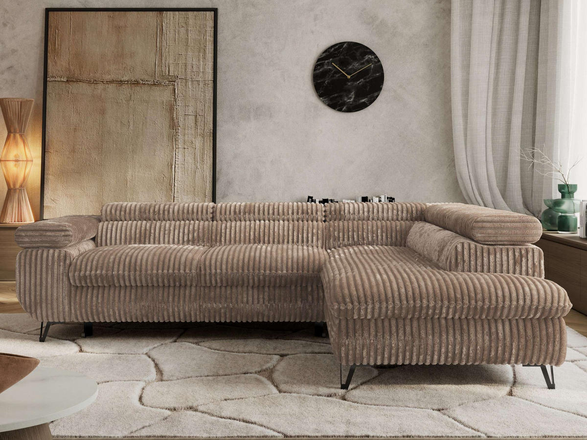 ECKSOFA PABLO L Braun Cord - Rechts Seite mit Visco Topper - Schwarz/Braun, Textil/Metall (273/208cm) - MKS