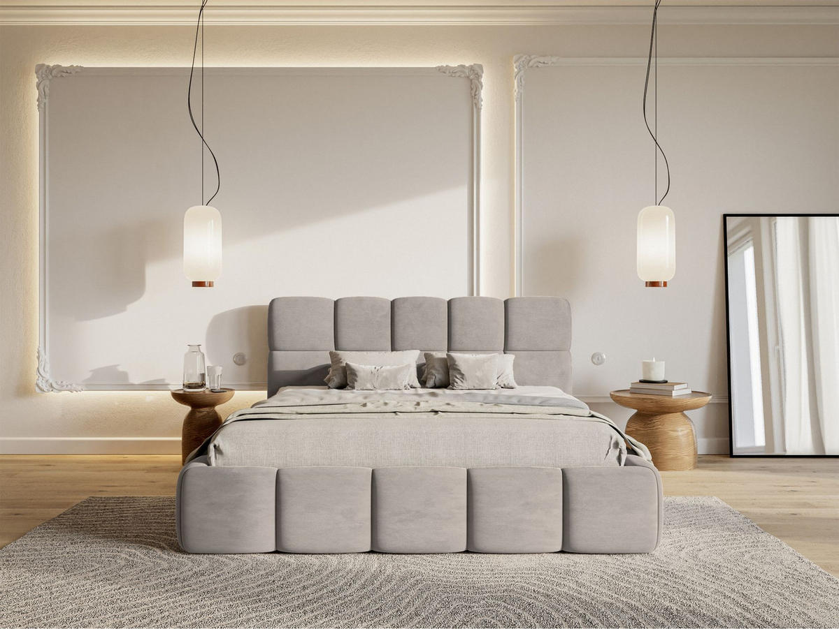 POLSTERBETT Cloudy Hellgrau Samt, Bettkasten & Lattenrost, 120x200 cm - Hellgrau/Schwarz, Kunststoff/Textil (120/200cm) - Selsey