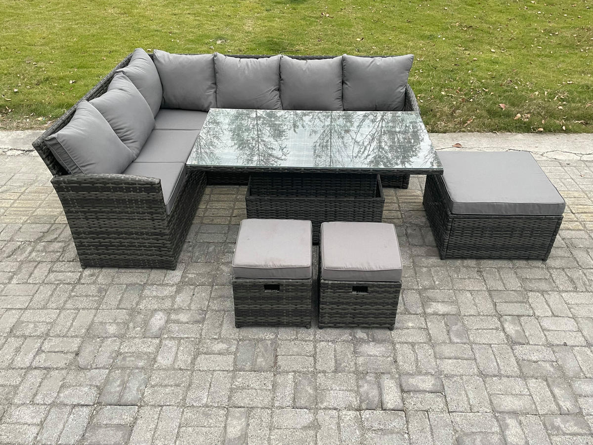 GARTENSET mit Höhenverstellbarer Tisch, 3 Fußhocker Polyrattan Dunkelgrau 9-Sitzer - Dunkelgrau/Grau, Glas/Kunststoff - Fimous