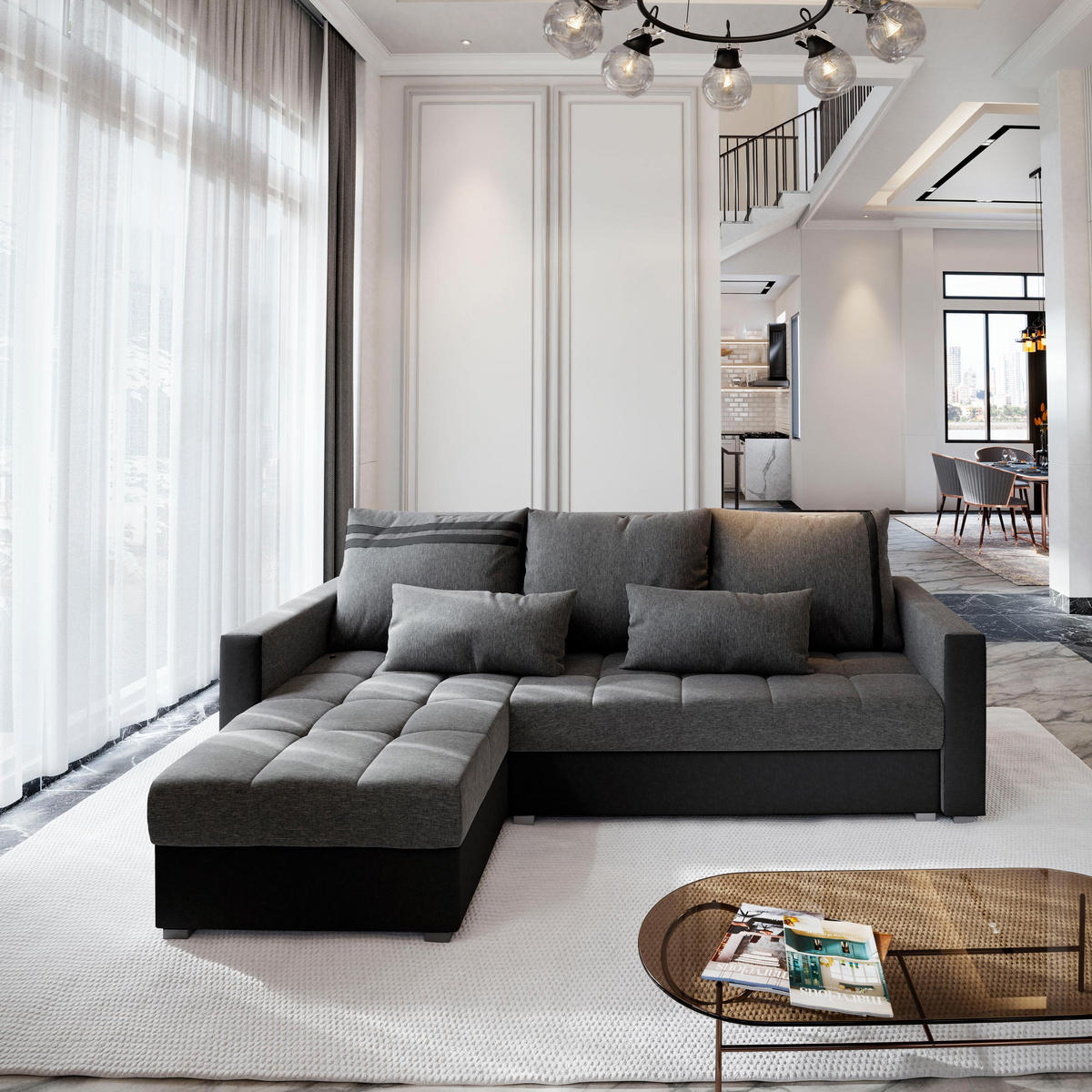 ECKSOFA KOS PIK Hellgrau Dünner Stoff mit Schlaffunktion - Schwarz/Grau, Holz (220/140cm) - MASSENO