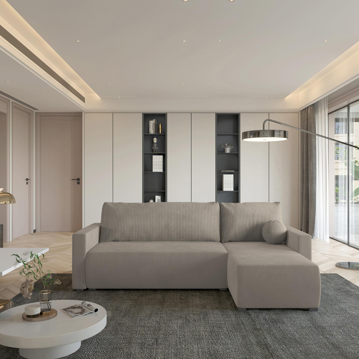 ECKSOFA SORGE Beige Plüsch-Stoff mit Schlaffunktion - Beige, Holz (220/143cm) - MASSENO