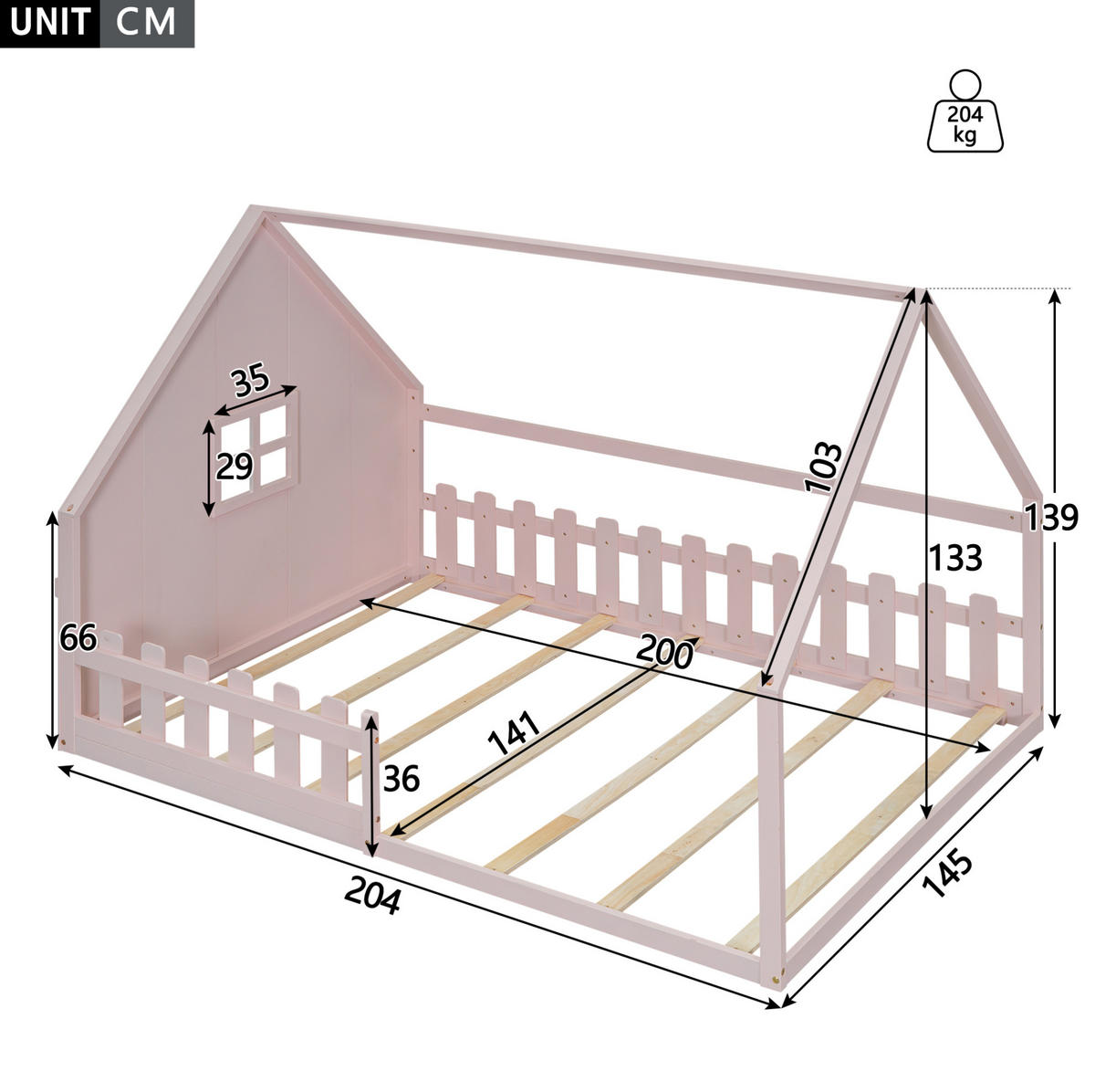 HAUSBETT 140/200 cm in Rosa – aus Kiefernholz mit Dachrahmen und Geländer - Rosa, Holz (140/200cm) - BEAOK