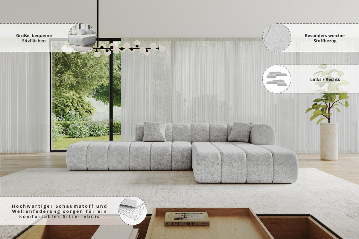 ROHOVÁ SEDAČKA s otomanem, pravá BILA-L 289x176x71 Šedá Žinylka - šedá/černá, kompozitní dřevo/textil (289/176cm) - ALTDECOR