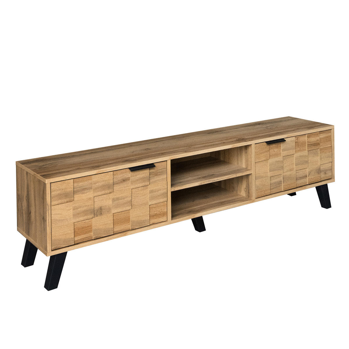 TV-SCHRANK aus Spanplatte 160,5x35,5x45 cm Holzfarbe mit 2 Türen, 2 offenen Fächern und Dämpfungsscharnieren - Naturfarben, Holzwerkstoff (160.5/45/35.5cm) - Modfu