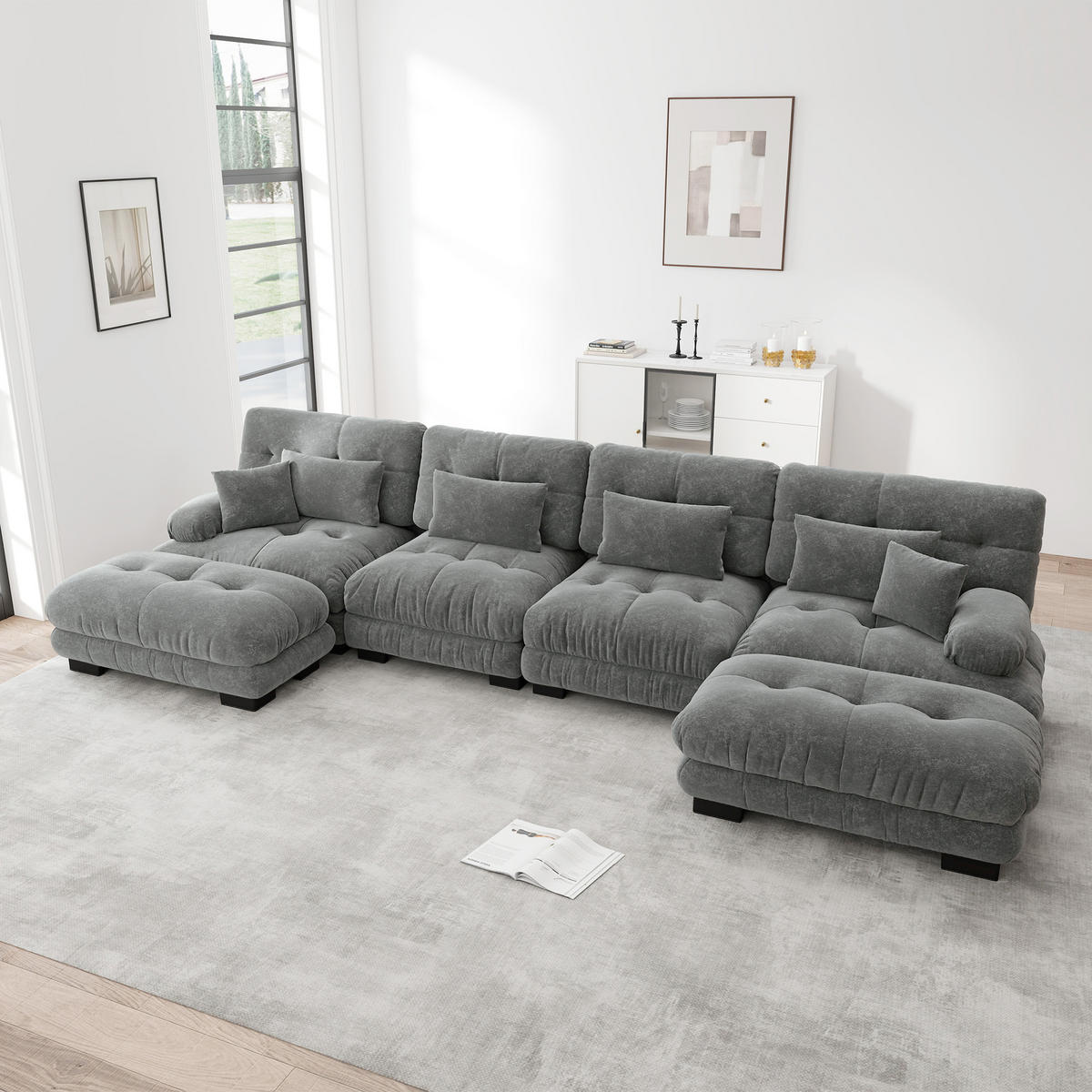 WOHNLANDSCHAFT Chenille Grau mit Ottomane - Grau, Textil (406/81/145cm) - WISHDOR