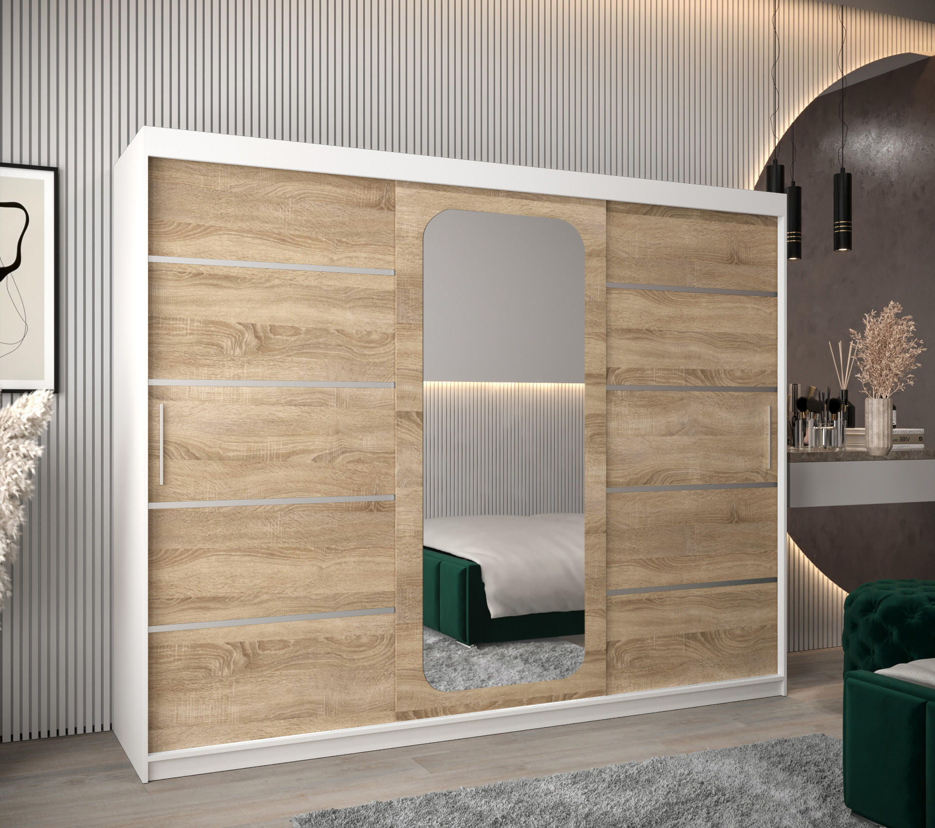 SCHWEBETÜRENSCHRANK 200/250/62 3-türig - Silberfarben/Weiß, Holz/Kunststoff (250/200/62cm) - Abiks Möbel