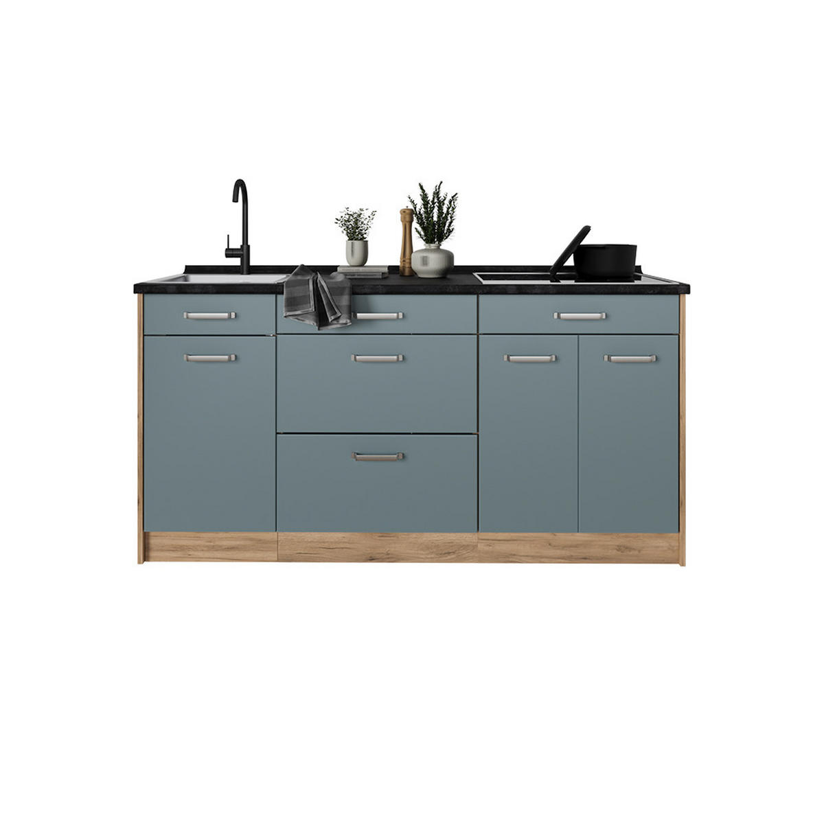 KÜCHENBLOCK R-Line, Blau-Grau/Goldkraft Eiche, 160 cm Arbeitsplatte Anthrazit - Honigeiche/Blaugrau, Holzwerkstoff (160/81.6/60cm) - Vicco