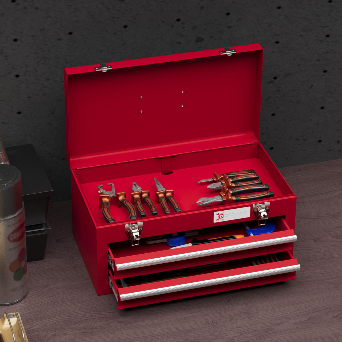 WERKZEUGKOFFER leer, 46 x 24 x 22 cm Werkzeugkasten mit 2 Schubladen Rot - Rot, Metall (24/22/46cm) - DURHAND