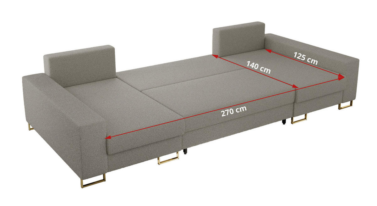 WOHNLANDSCHAFT DORIAN U Bouclé Hellgrau - Goldfarben/Hellgrau, Textil/Metall (312/95/138cm) - MKS