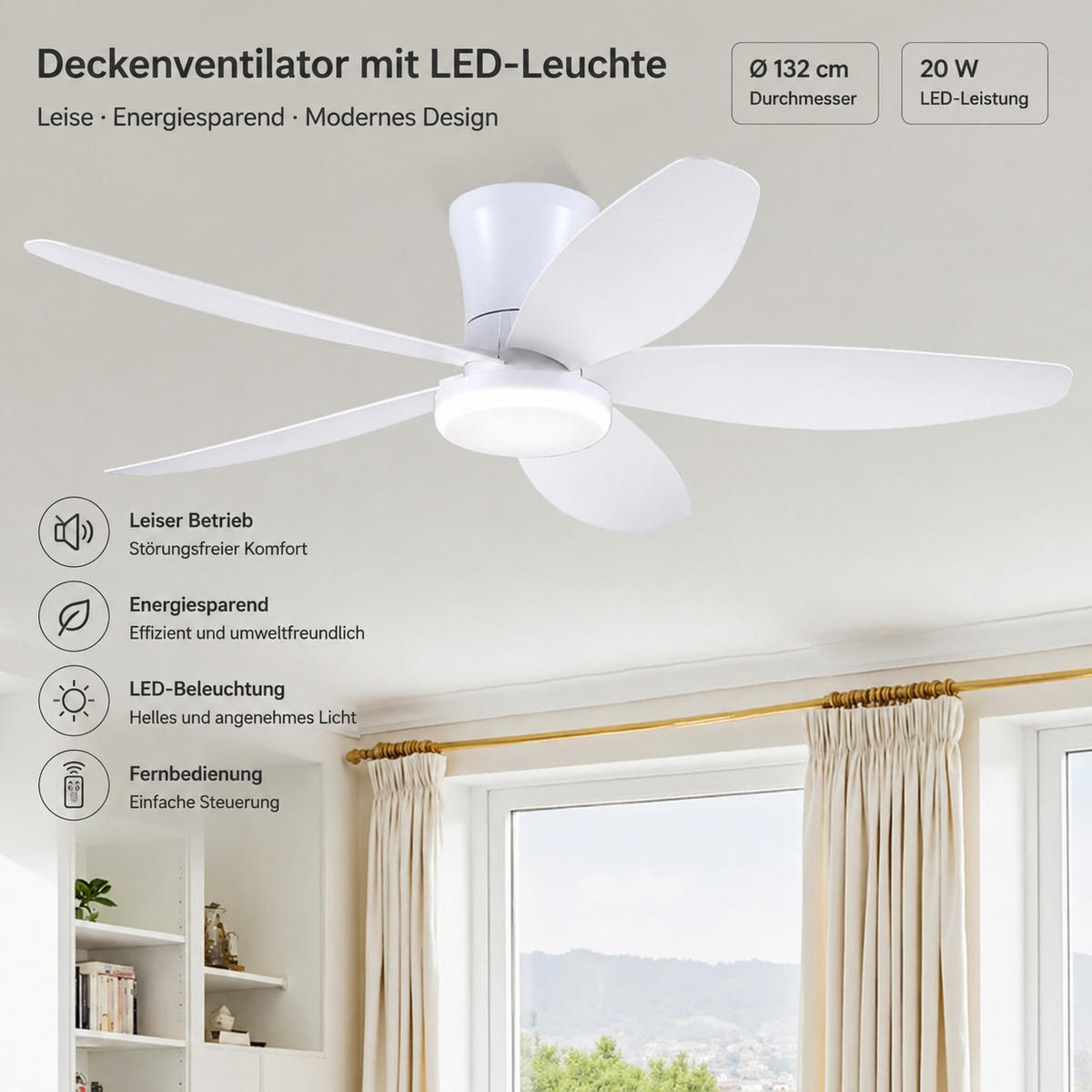 DECKENVENTILATOR Weiß 122 cm mit LED und leisem DC-Motor - Weiß, Kunststoff (122/122/22cm) - Surtime