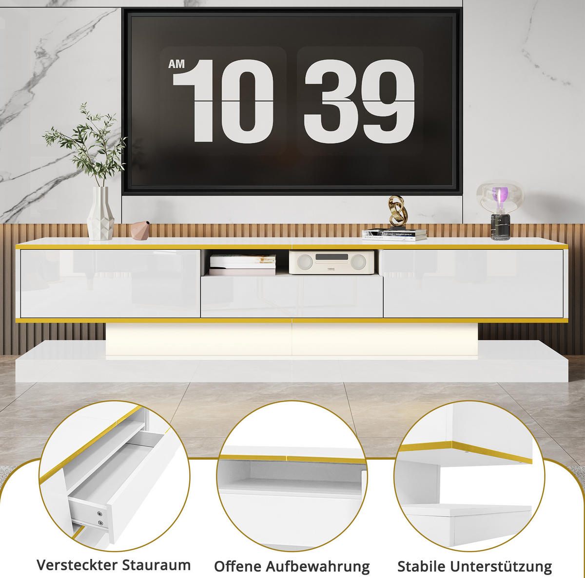 LOWBOARD 180/38/45 cm in Weiß mit Gold aus Holzwerkstoff mit LED-Beleuchtung - Weiß, Holzwerkstoff (38/45/180cm) - OKMYHOME