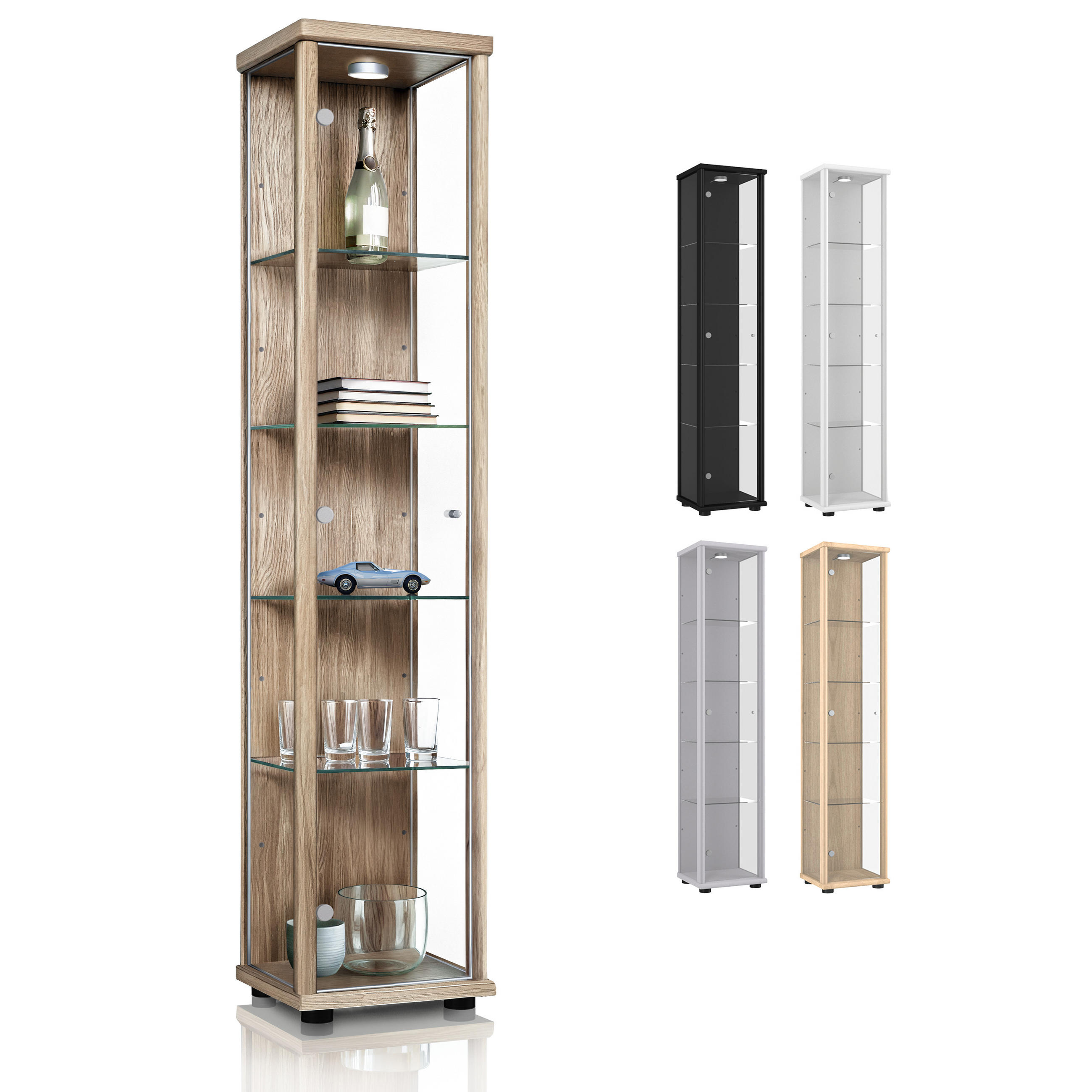 GLASVITRINE 33/37/176 cm mit LED & 4 höhenverstellbaren Glasböden - Transparent/Silberfarben, Glas/Holzwerkstoff (37/176/33cm) - K-Möbel