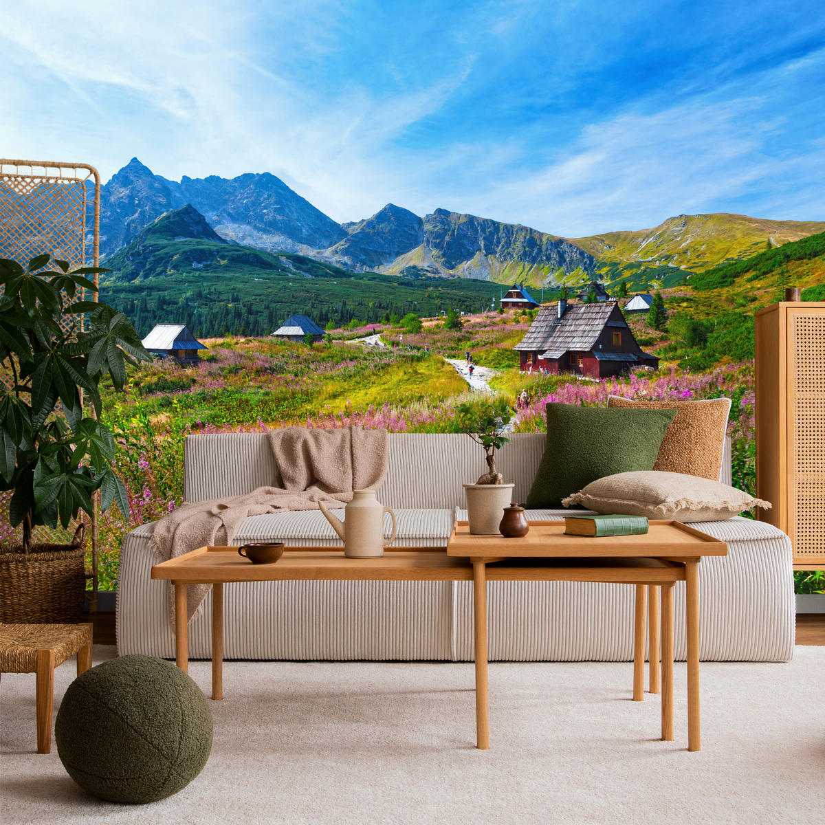 FOTOTAPETA Pre Obývaciu Izbu Kamenný Chodník Hory Stromy Rastliny Domy 100 x 70 cm - sivá/zelená, papier (100/70cm) - Muralo