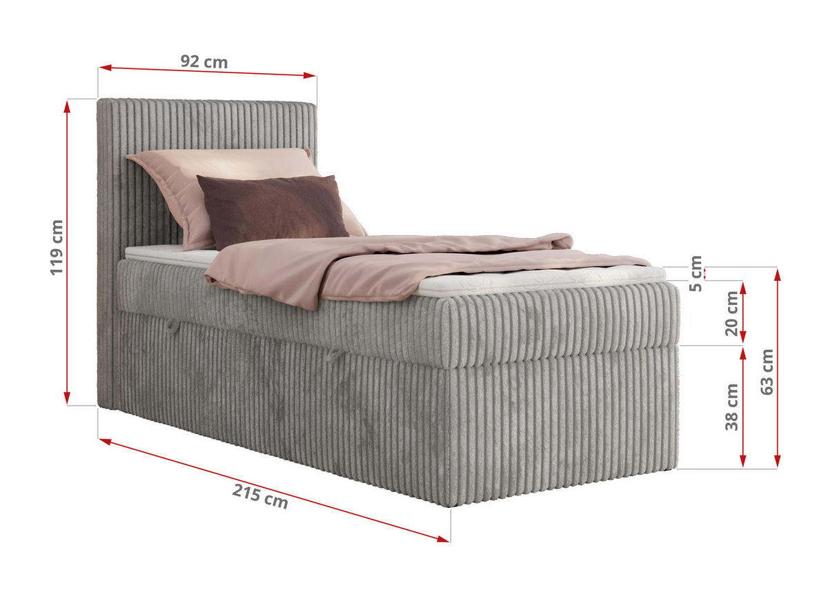 BOXBETT TILIANO 90/200 - Hellgrau Cord - H4 - Visco Topper - Links - Hellgrau, Textil (90/200cm) - MKS