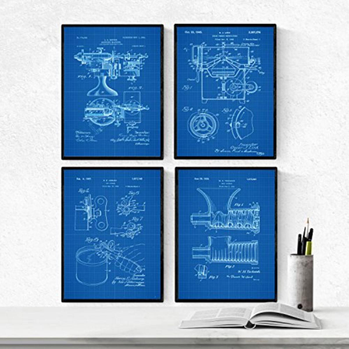 POSTER Set mit 4 Blau Küche Patent A4 Rahmenlos - Klar, Papier (29.7/3cm) - Nacnic