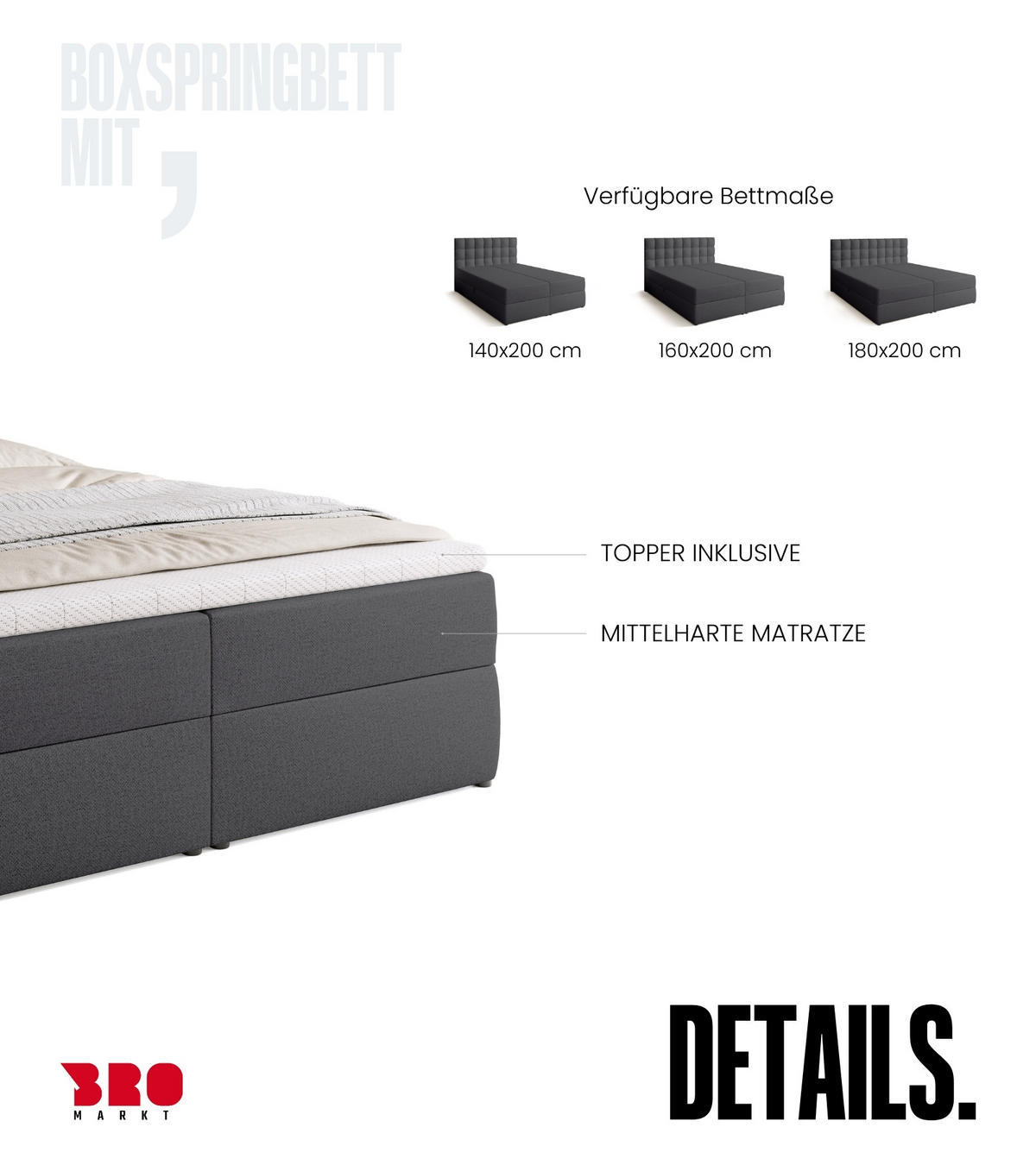 BOXBETT Detroit mit Topper 180/200 Dunkelgrau - Dunkelgrau, Textil (180/200cm) - Bromarkt