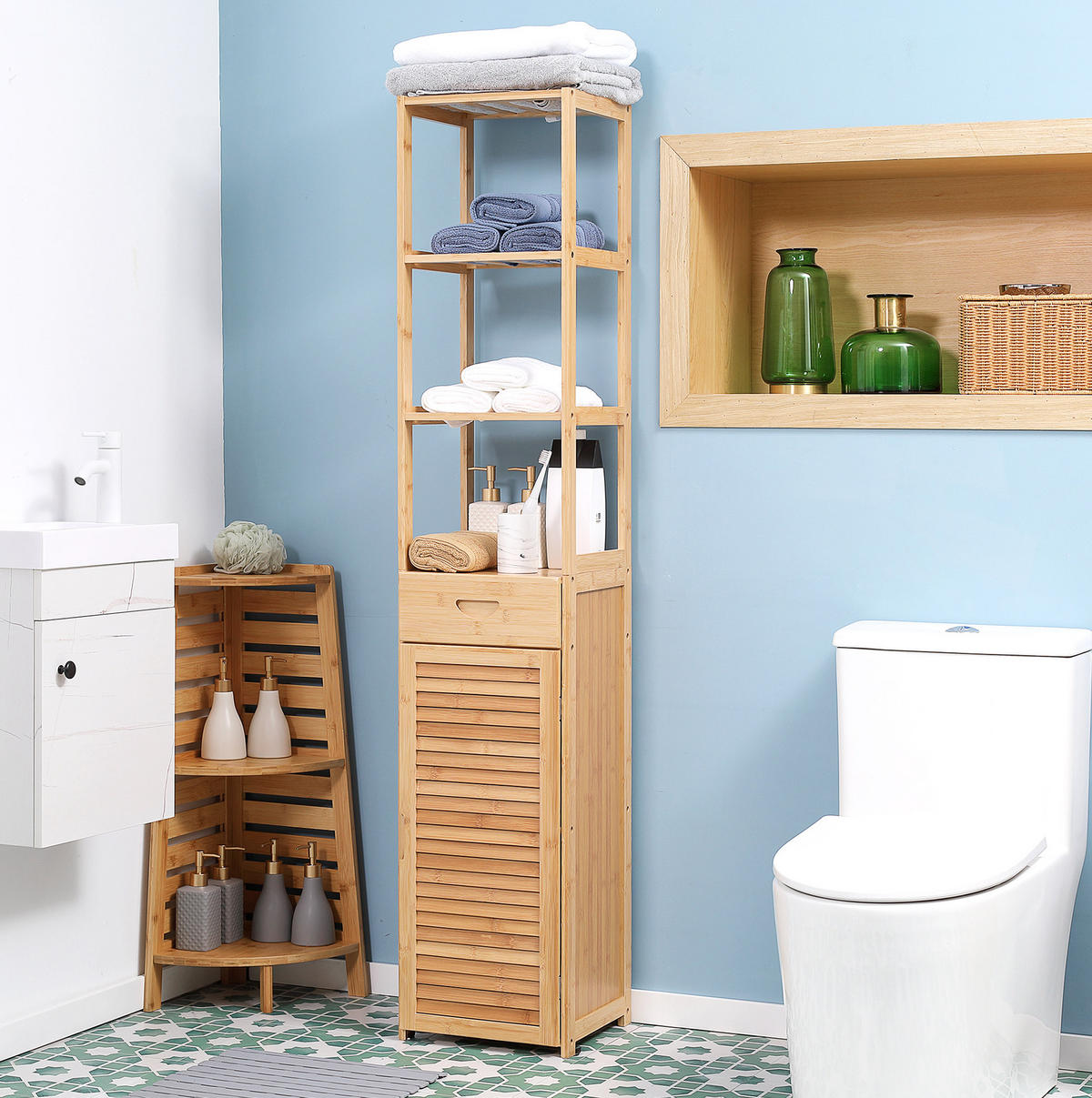 BADEZIMMERSCHRANK 32x30x163 cm Natur aus Bambus mit Schublade & Lamellentür - Naturfarben, Naturmaterialen (32/163/30cm) - Modfu