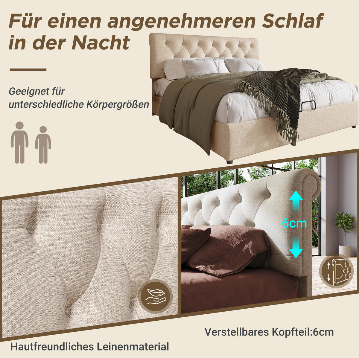 POLSTERBETT 160/200 cm Natürlich aus Leinen mit Stauraum - Naturfarben, Textil (160/200cm) - OKMYHOME