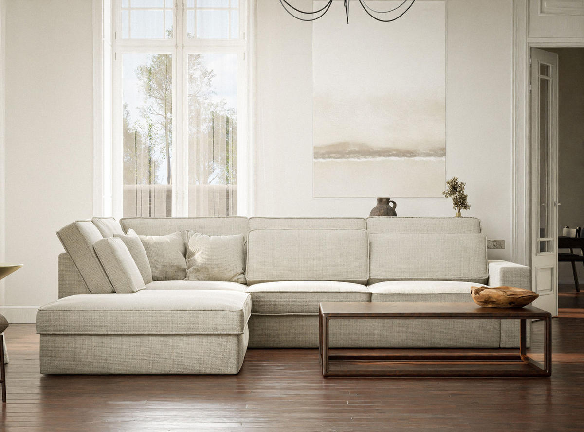 ECKSOFA Kirou Beige grau Chenille-Stoff - Links Seite - Greige/Schwarz, Holz/Holzwerkstoff (225/311cm) - Maison de Reve