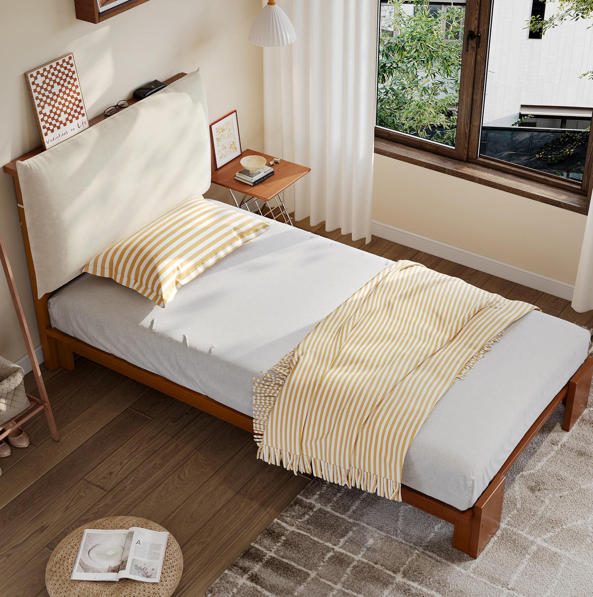 ČALOUNĚNÁ postel 90/200 cm tmavě hnědá ze dřeva a tkaniny s opěrkou a lamelovým roštem - hnědá, textil (90/200cm) - OKWISH
