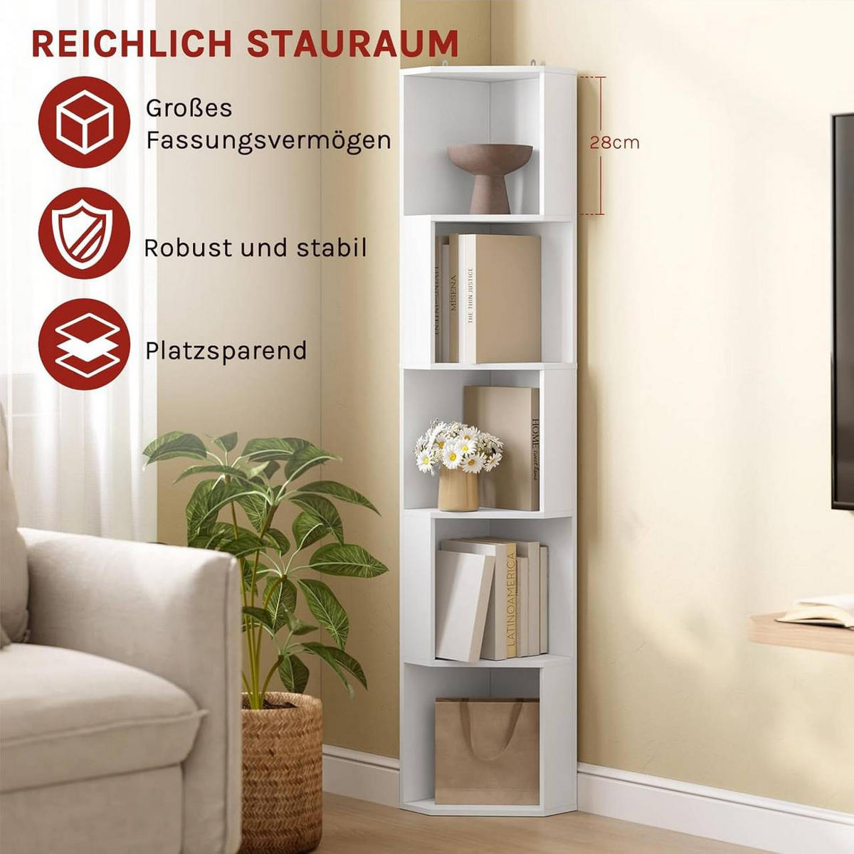 REGALE Bücherregal mit 5 offenen Fächern, Weiß - Weiß, Holzwerkstoff (25/147/25cm) - Woltu
