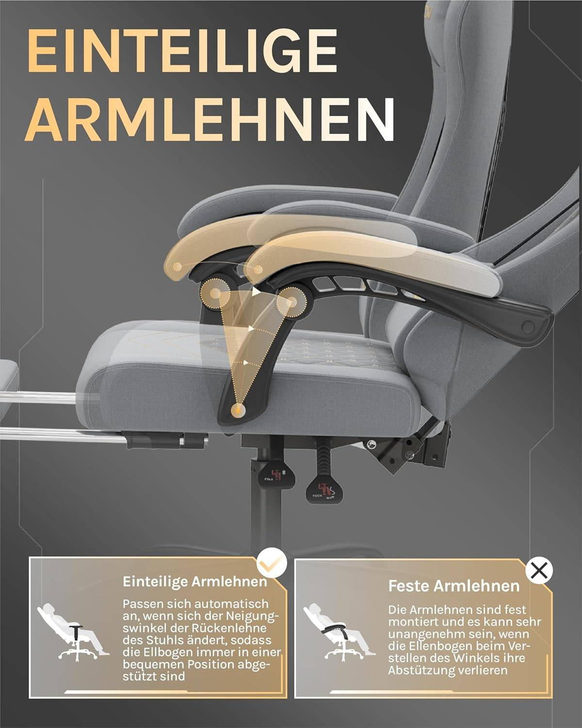 GAMINGSTUHL mit Massagefunktion, Computerstuhl Ergonomisch - Goldfarben/Schwarz, Kunststoff/Textil (70/127/70cm) - Woltu